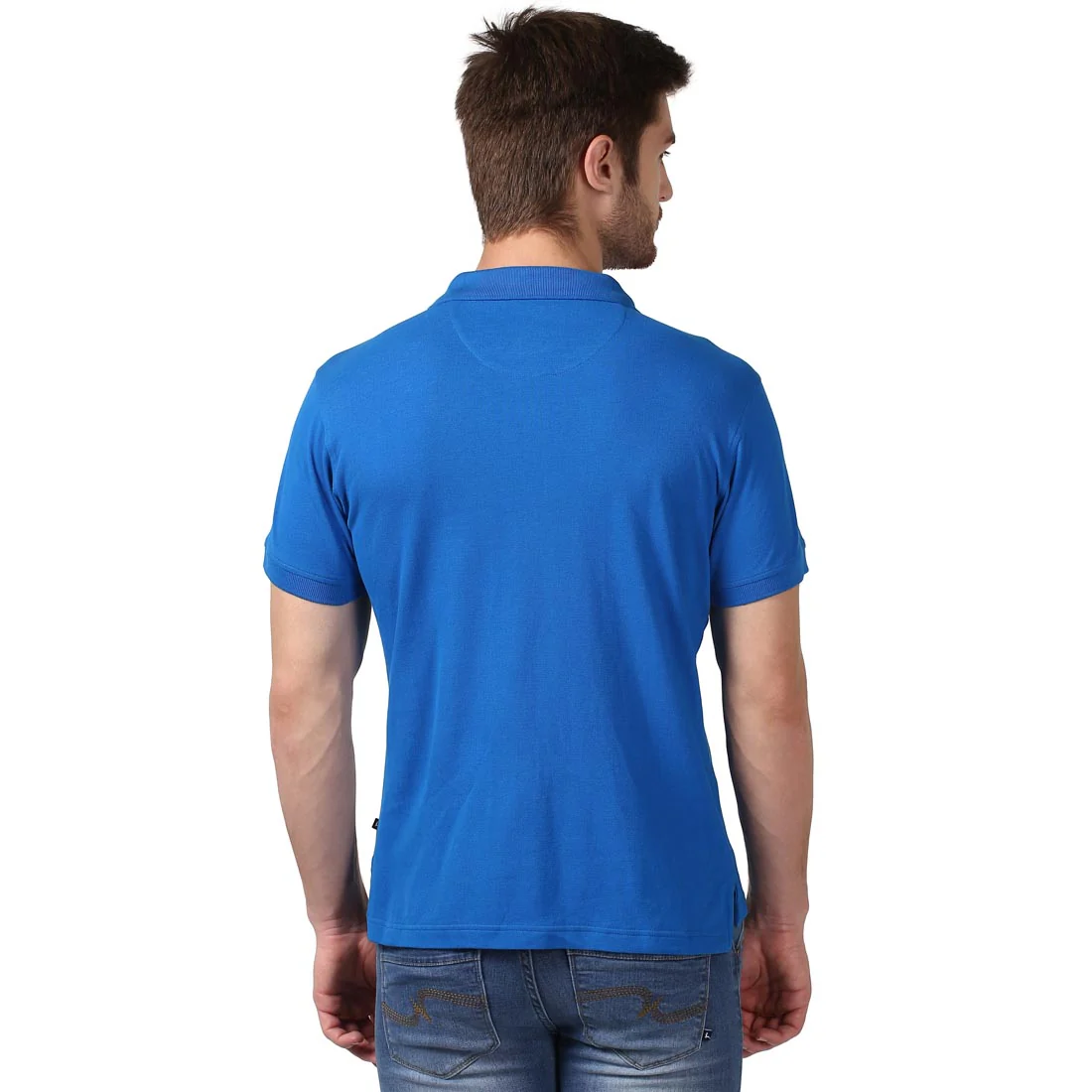 Men Blue Regular Fit Solid Cotton Round Neck Collar Polo T-Shirt - Image 4