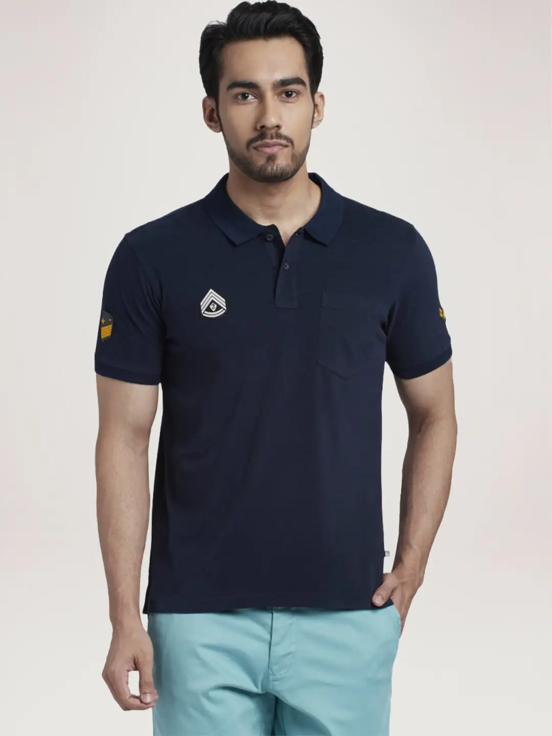 Men Blue Regular Fit Solid Cotton Round Neck Collar Polo T-Shirt