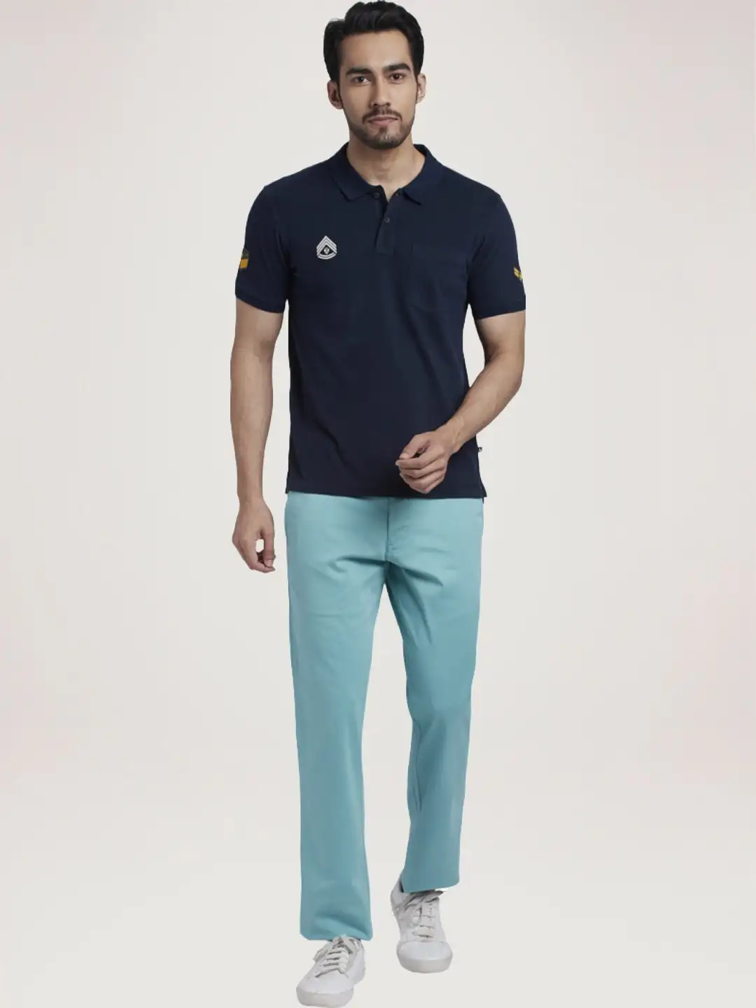 Men Blue Regular Fit Solid Cotton Round Neck Collar Polo T-Shirt - Image 2