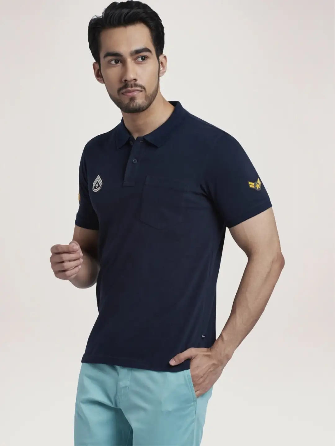 Men Blue Regular Fit Solid Cotton Round Neck Collar Polo T-Shirt - Image 6