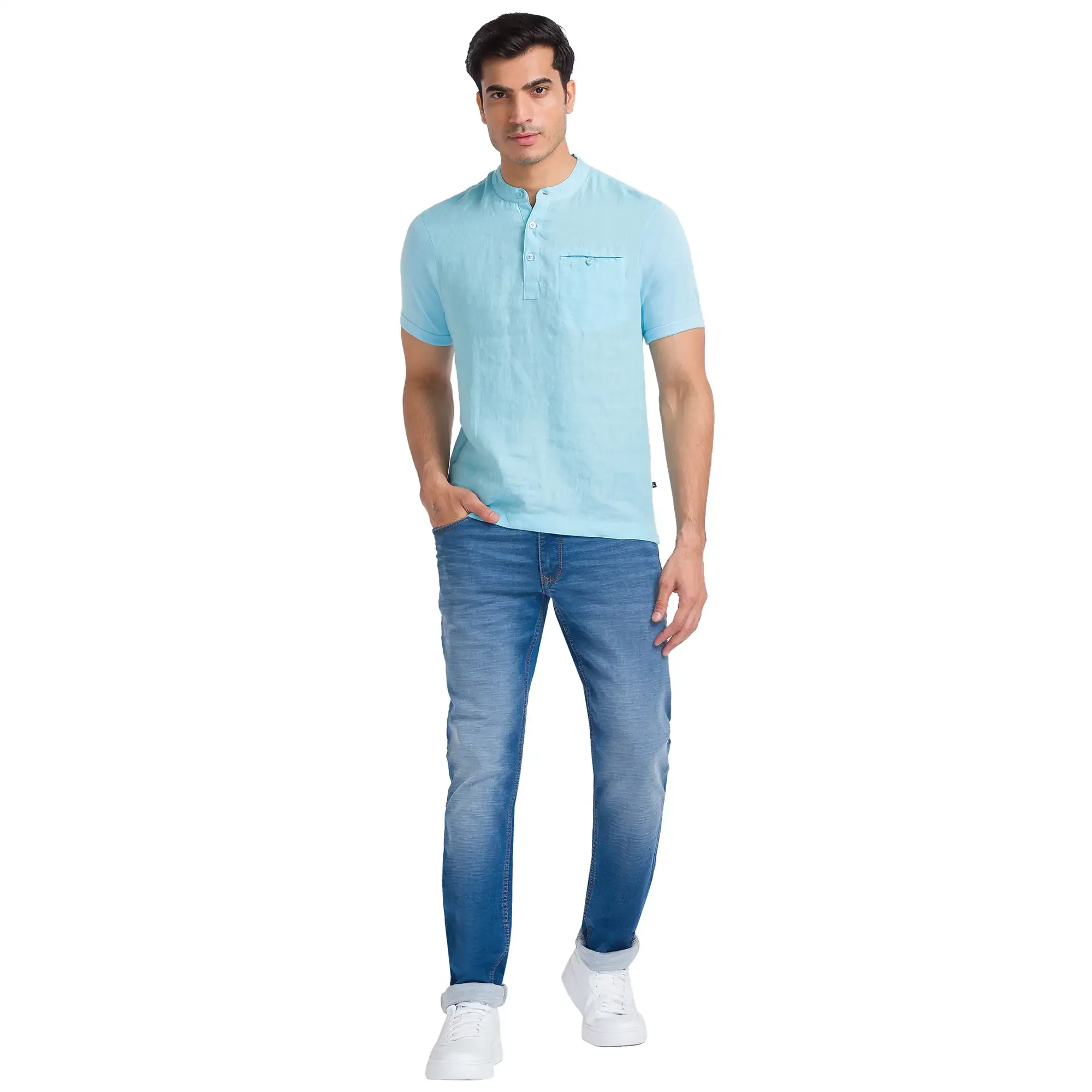 Men Blue Regular Fit Solid Cotton T-Shirt - Image 5