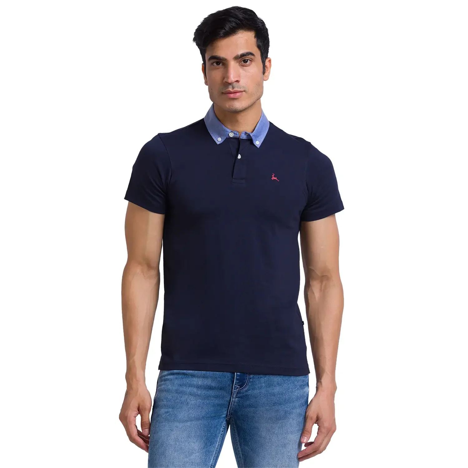 Men Blue Regular Fit Solid Cotton Woven Collar Polo T-Shirt