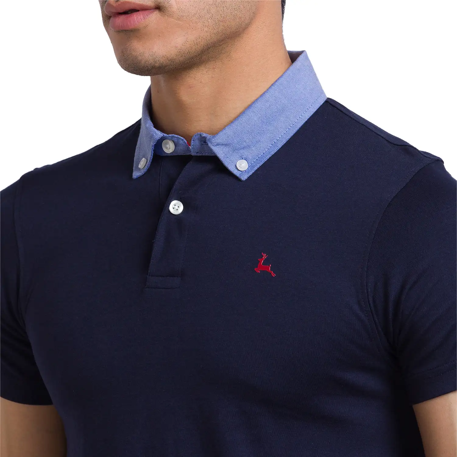 Men Blue Regular Fit Solid Cotton Woven Collar Polo T-Shirt - Image 6