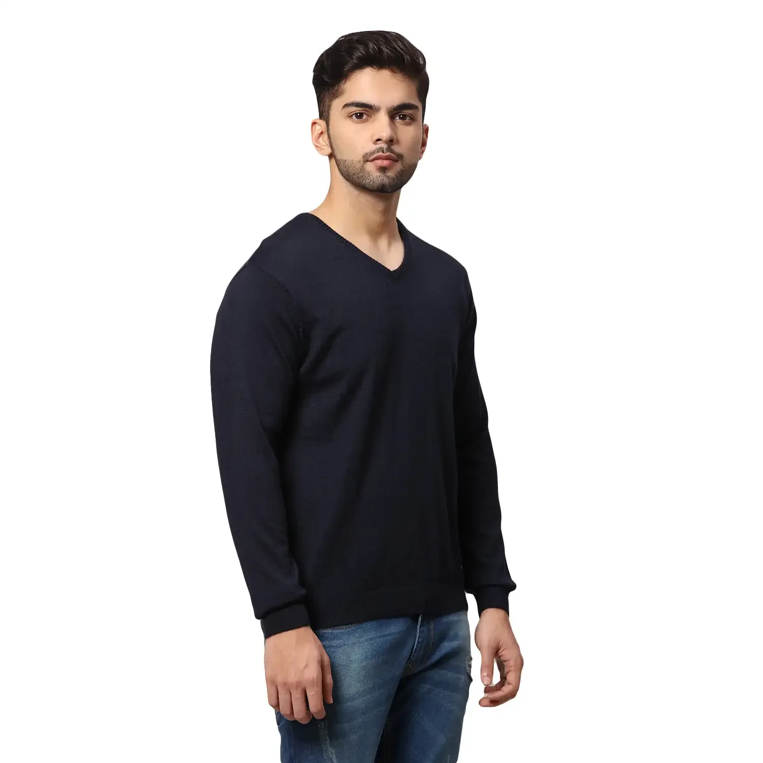 Men Blue Regular Fit Solid Wool Blend Full Sleeve V Neck Collar Sweaters - Image 2