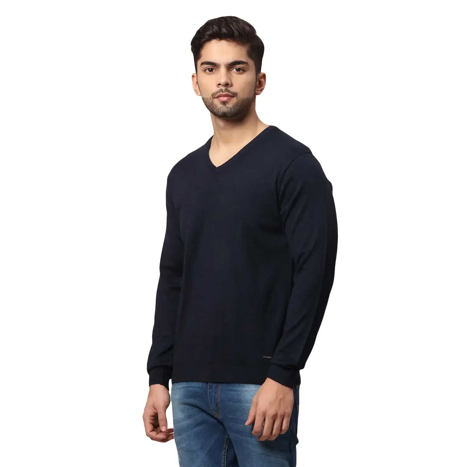 Men Blue Regular Fit Solid Wool Blend Full Sleeve V Neck Collar Sweaters - Image 3