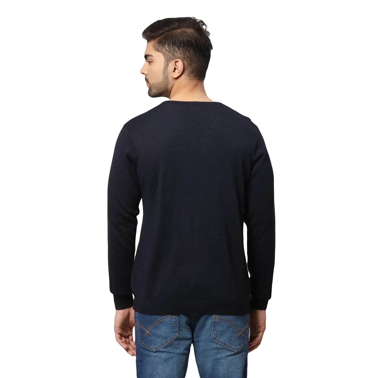 Men Blue Regular Fit Solid Wool Blend Full Sleeve V Neck Collar Sweaters - Image 4