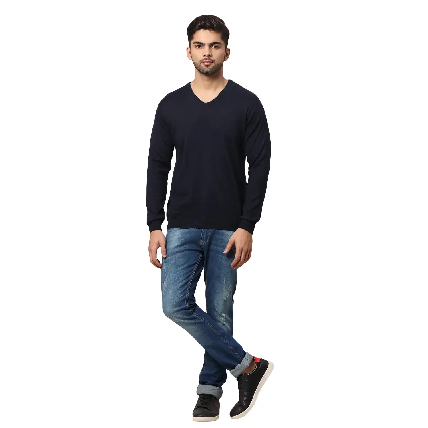Men Blue Regular Fit Solid Wool Blend Full Sleeve V Neck Collar Sweaters - Image 5