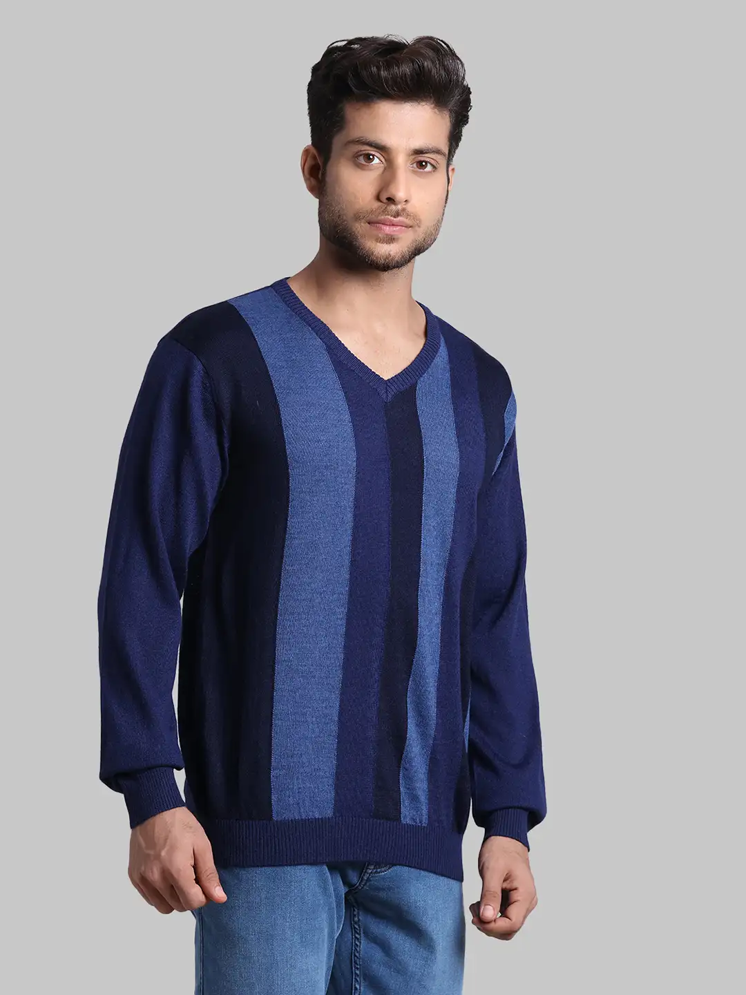 Men Blue Regular Fit Stripe Acrylic Blend Full Sleeve V Neck Collar Sweaters - Image 2