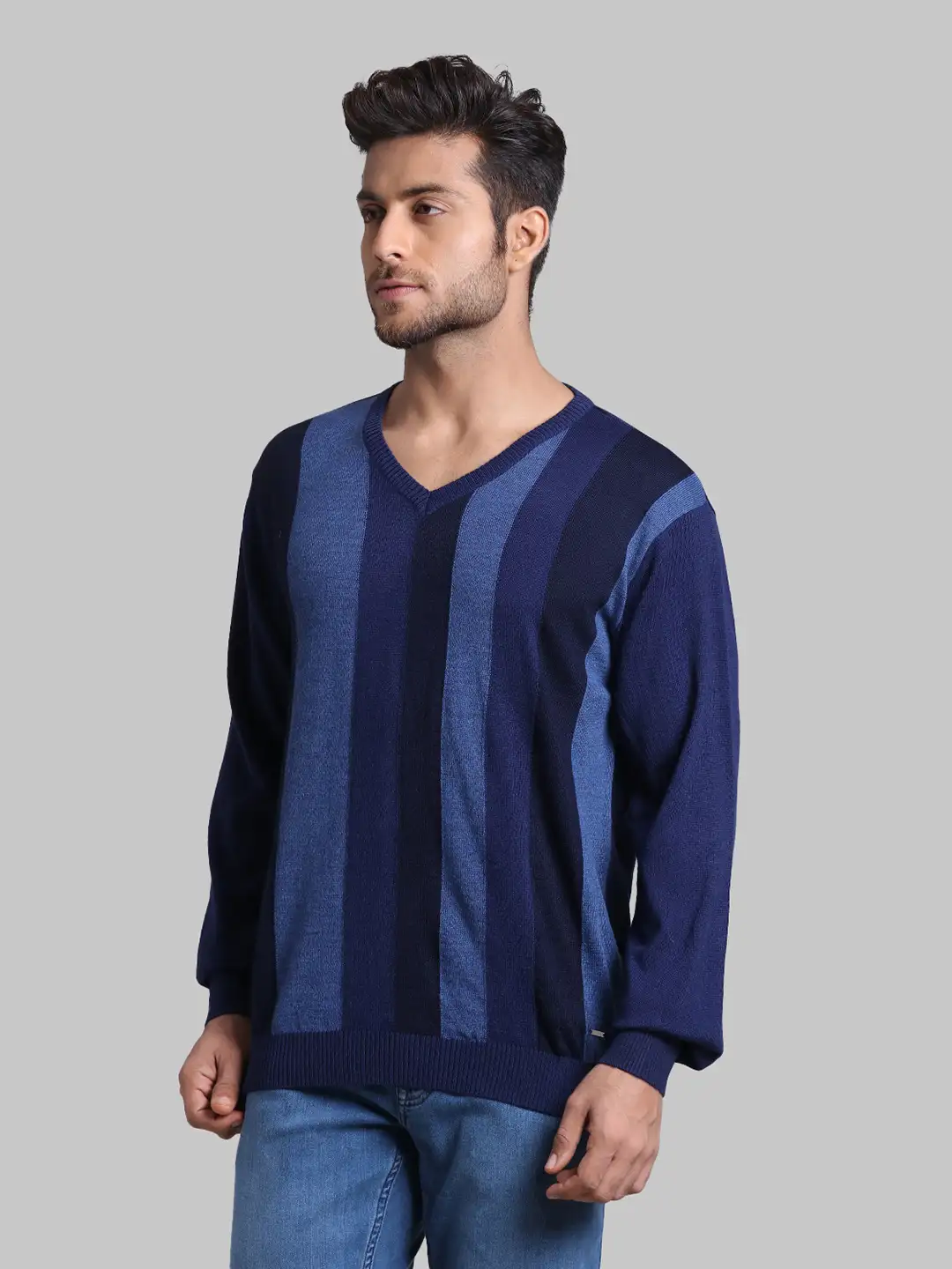 Men Blue Regular Fit Stripe Acrylic Blend Full Sleeve V Neck Collar Sweaters - Image 3