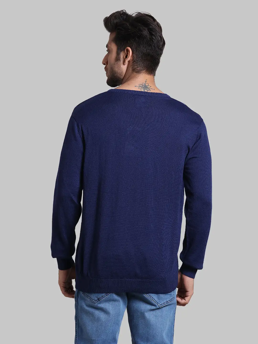 Men Blue Regular Fit Stripe Acrylic Blend Full Sleeve V Neck Collar Sweaters - Image 4