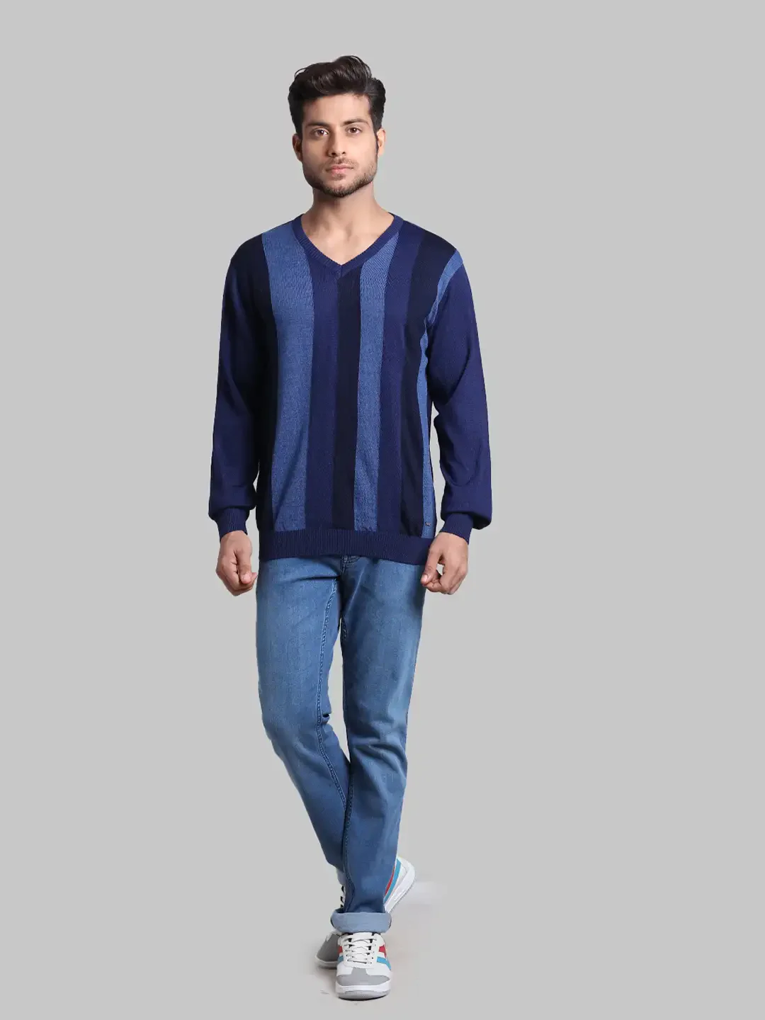 Men Blue Regular Fit Stripe Acrylic Blend Full Sleeve V Neck Collar Sweaters - Image 5