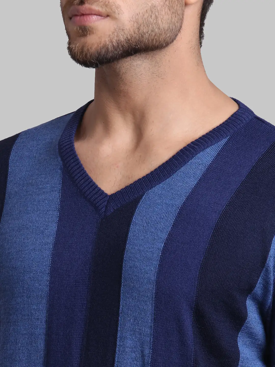 Men Blue Regular Fit Stripe Acrylic Blend Full Sleeve V Neck Collar Sweaters - Image 6