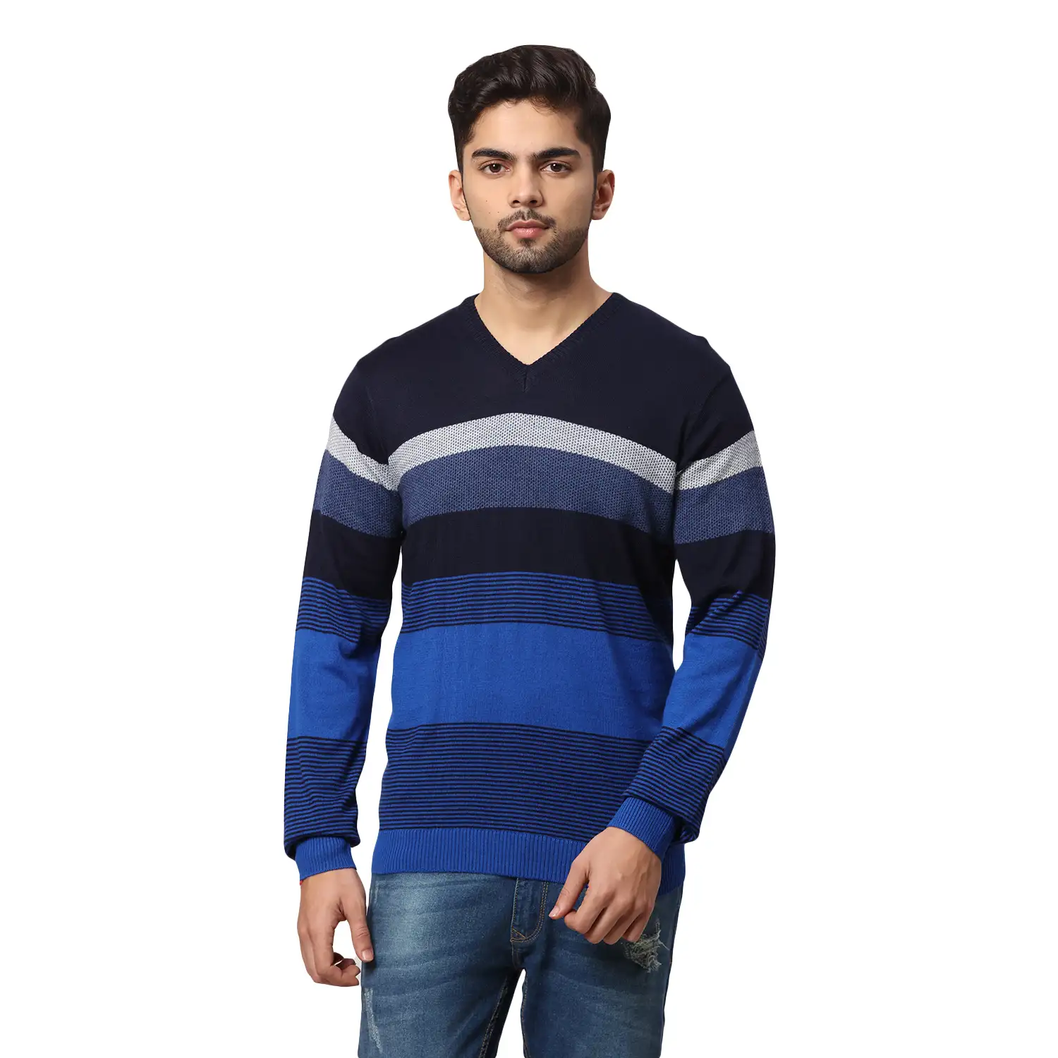Men Blue Regular Fit Stripe Acrylic Blend Full Sleeve V Neck Collar Sweaters