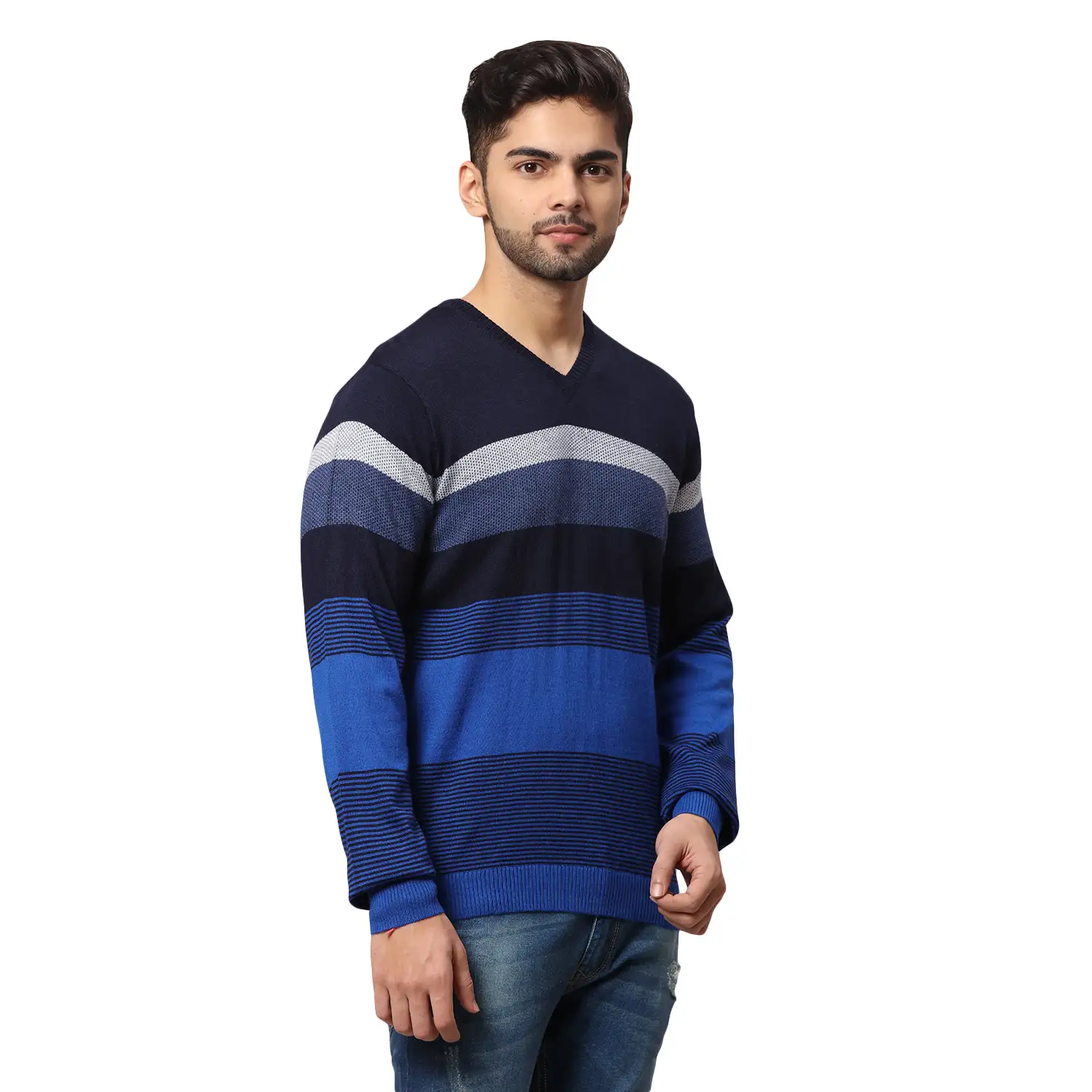 Men Blue Regular Fit Stripe Acrylic Blend Full Sleeve V Neck Collar Sweaters - Image 2