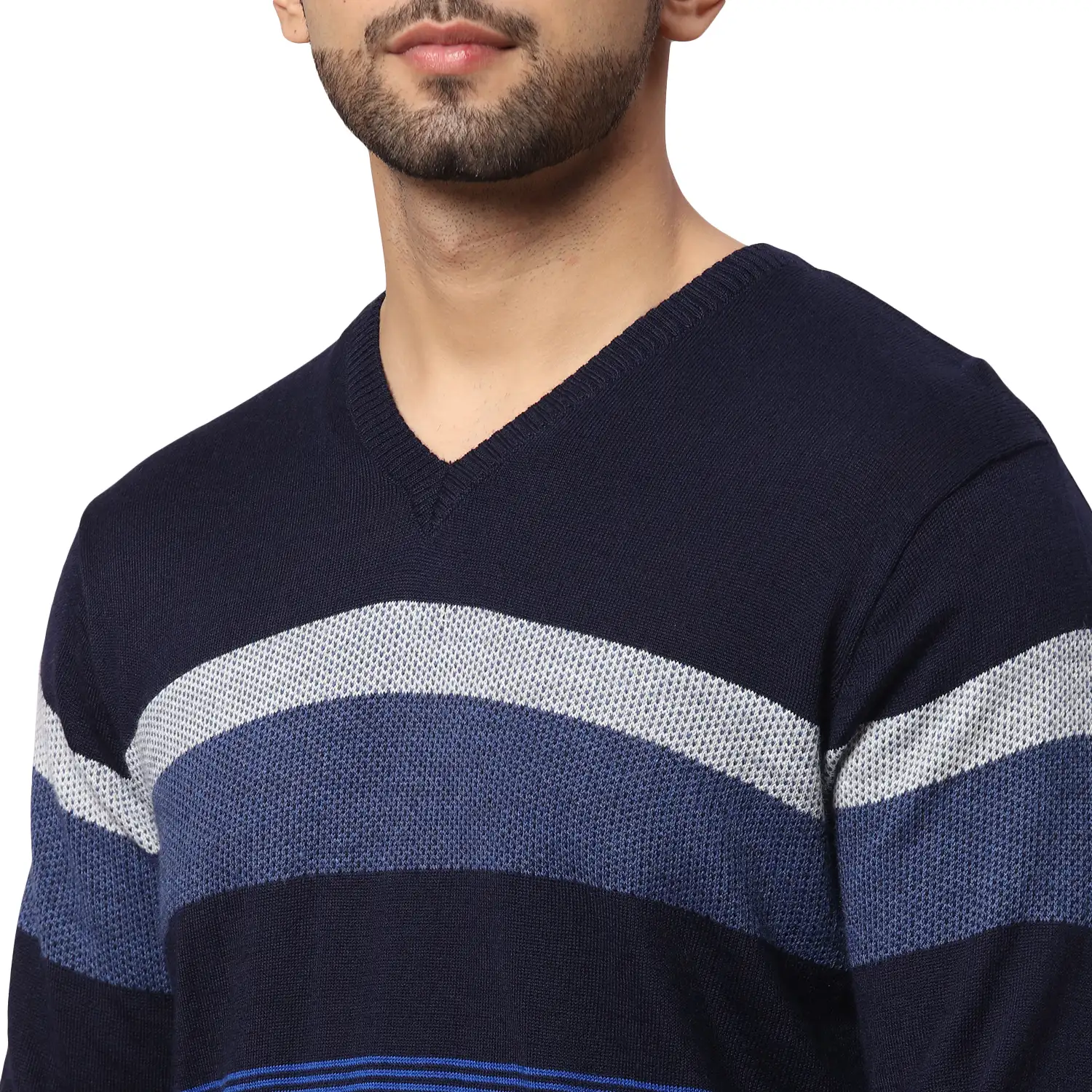 Men Blue Regular Fit Stripe Acrylic Blend Full Sleeve V Neck Collar Sweaters - Image 6
