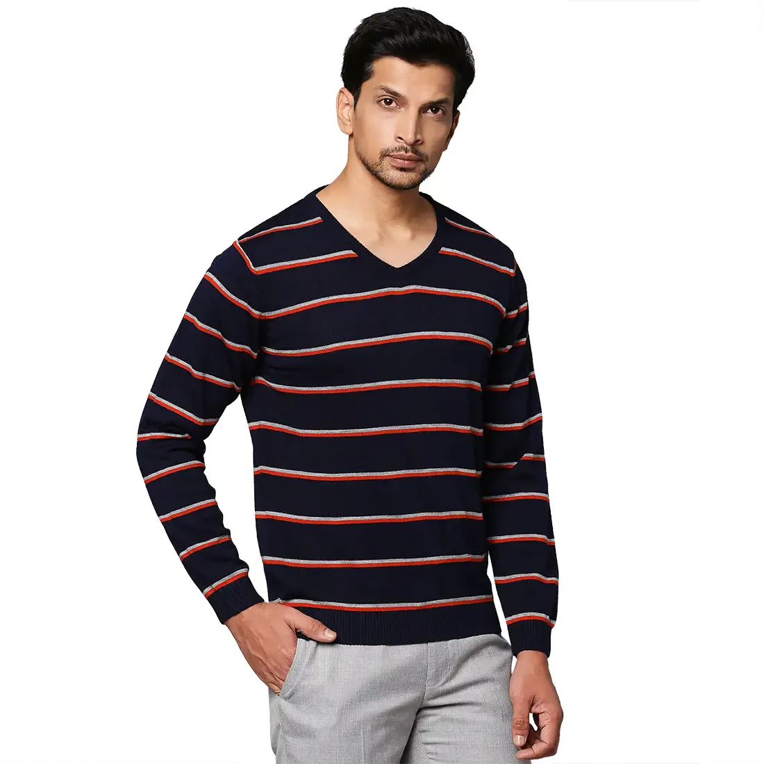 Men Blue Regular Fit Stripe Acrylic Full Sleeve V Neck Collar Sweaters - Image 2