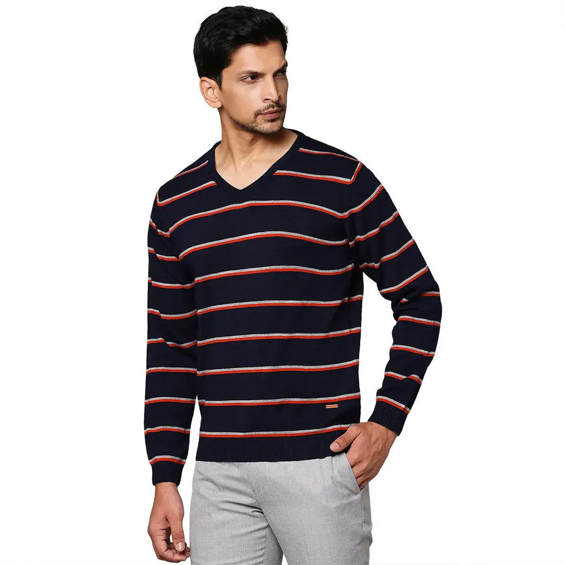 Men Blue Regular Fit Stripe Acrylic Full Sleeve V Neck Collar Sweaters - Image 3