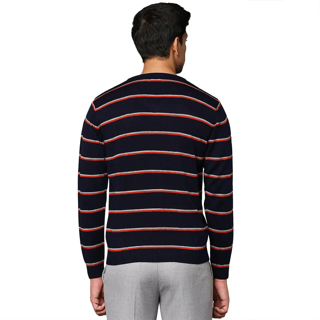 Men Blue Regular Fit Stripe Acrylic Full Sleeve V Neck Collar Sweaters - Image 4