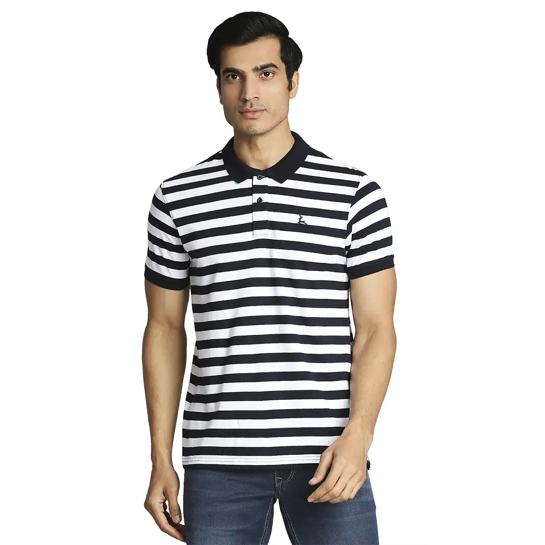 Men Blue Regular Fit Stripe Cotton Round Neck Collar Polo T-Shirt