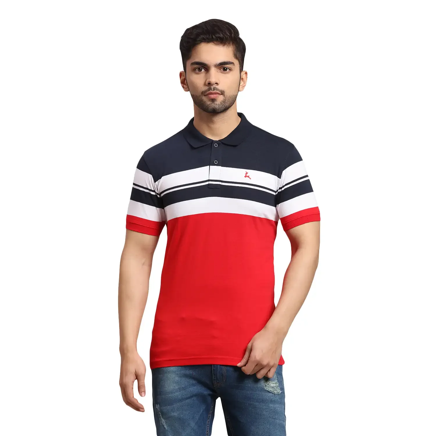 Men Blue Regular Fit Stripe Cotton Round Neck Collar Polo T-Shirt