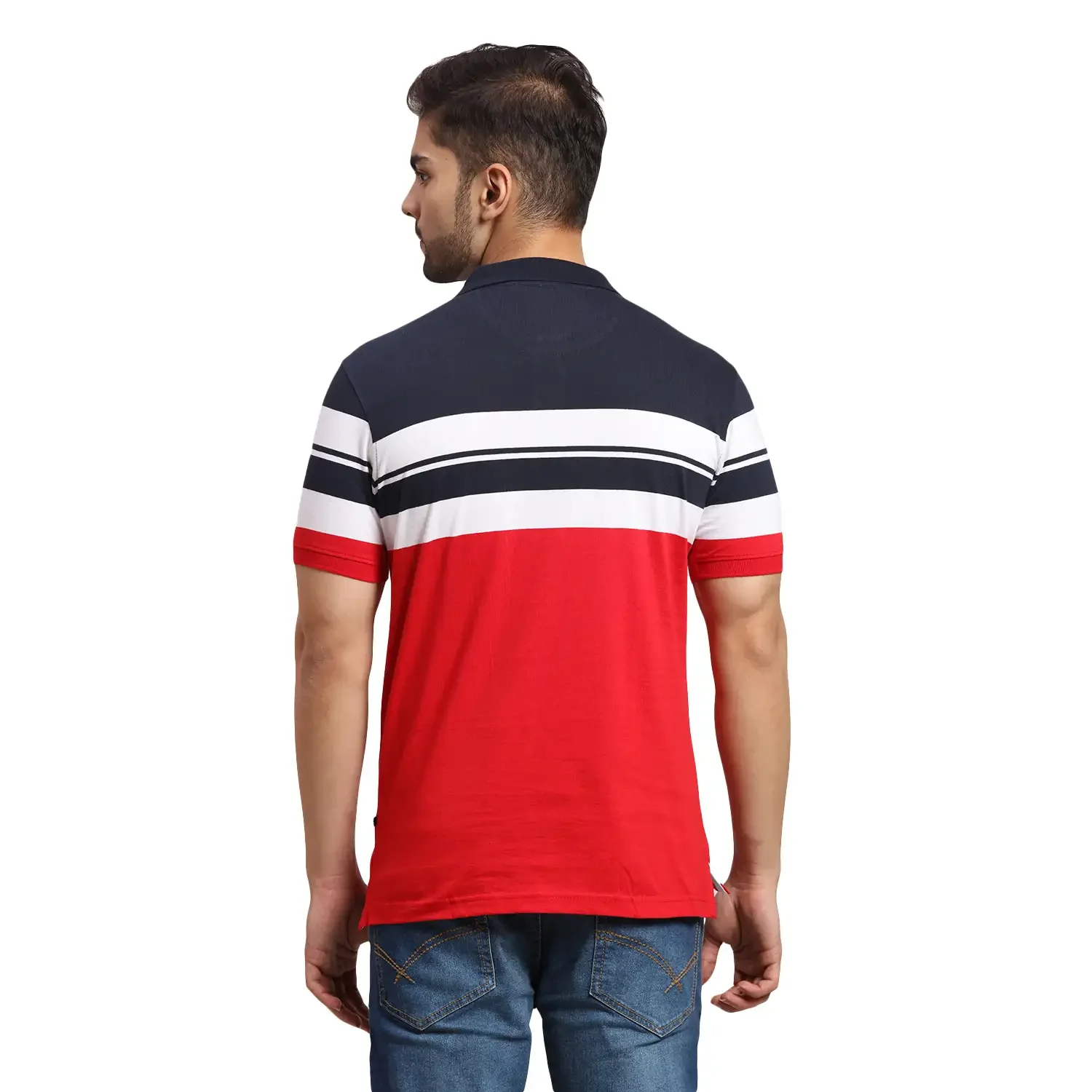 Men Blue Regular Fit Stripe Cotton Round Neck Collar Polo T-Shirt - Image 4