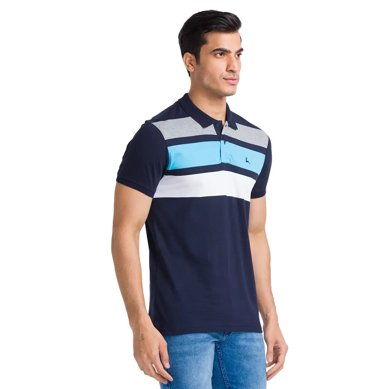 Men Blue Regular Fit Stripe Cotton Round Neck Collar Polo T-Shirt - Image 2