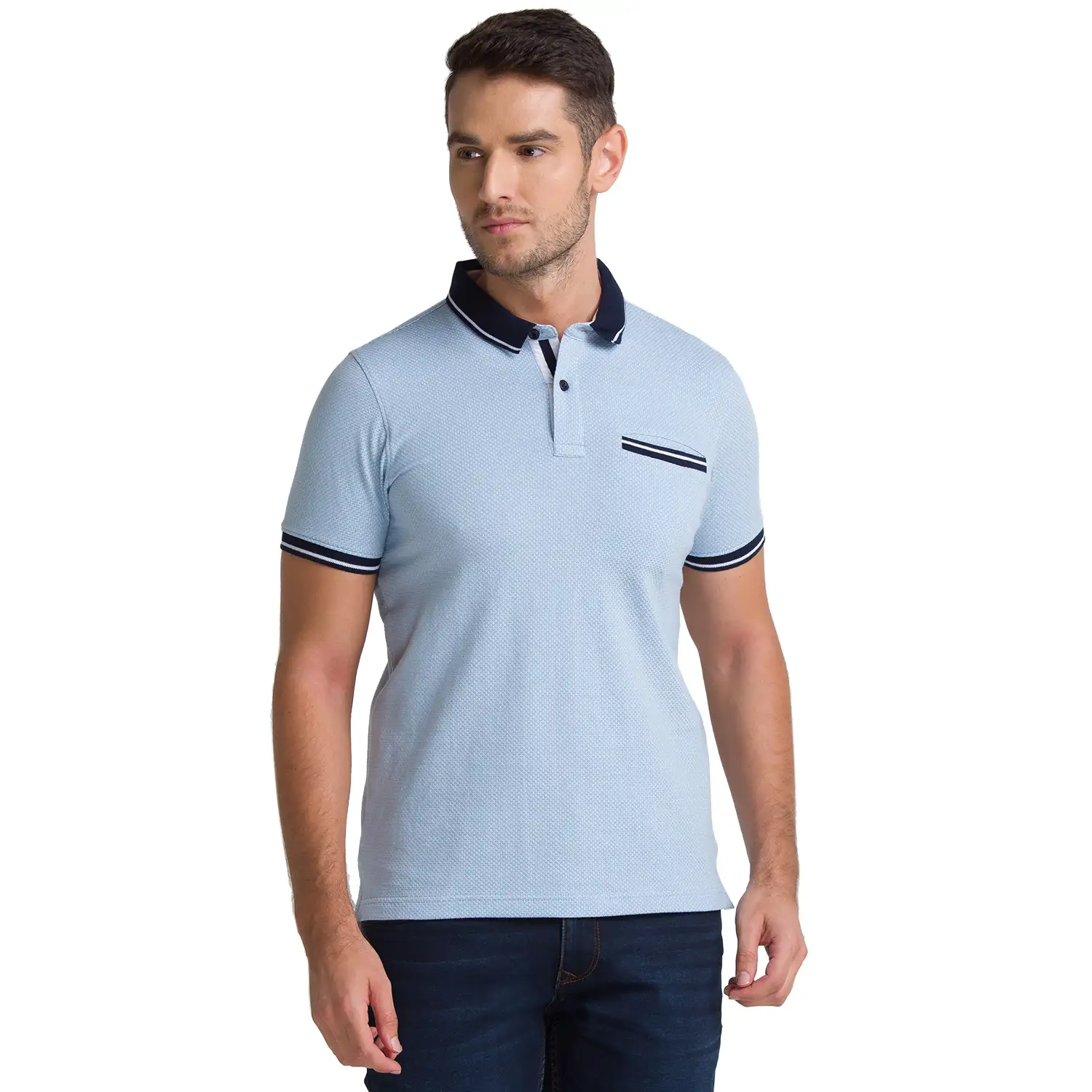 Men Blue Regular Fit Structure Cotton Blend Round Neck Collar Polo T-Shirt