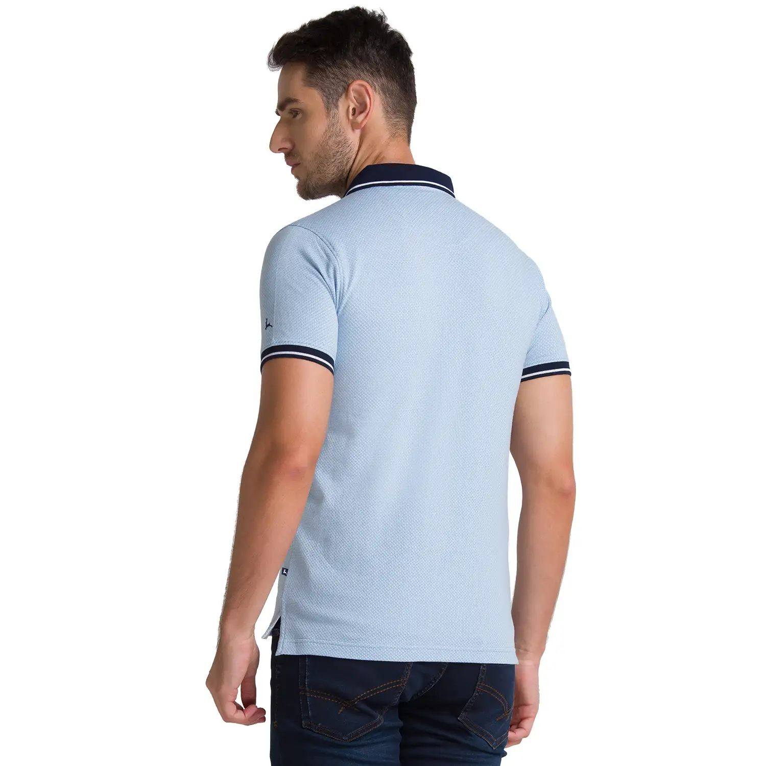 Men Blue Regular Fit Structure Cotton Blend Round Neck Collar Polo T-Shirt - Image 4