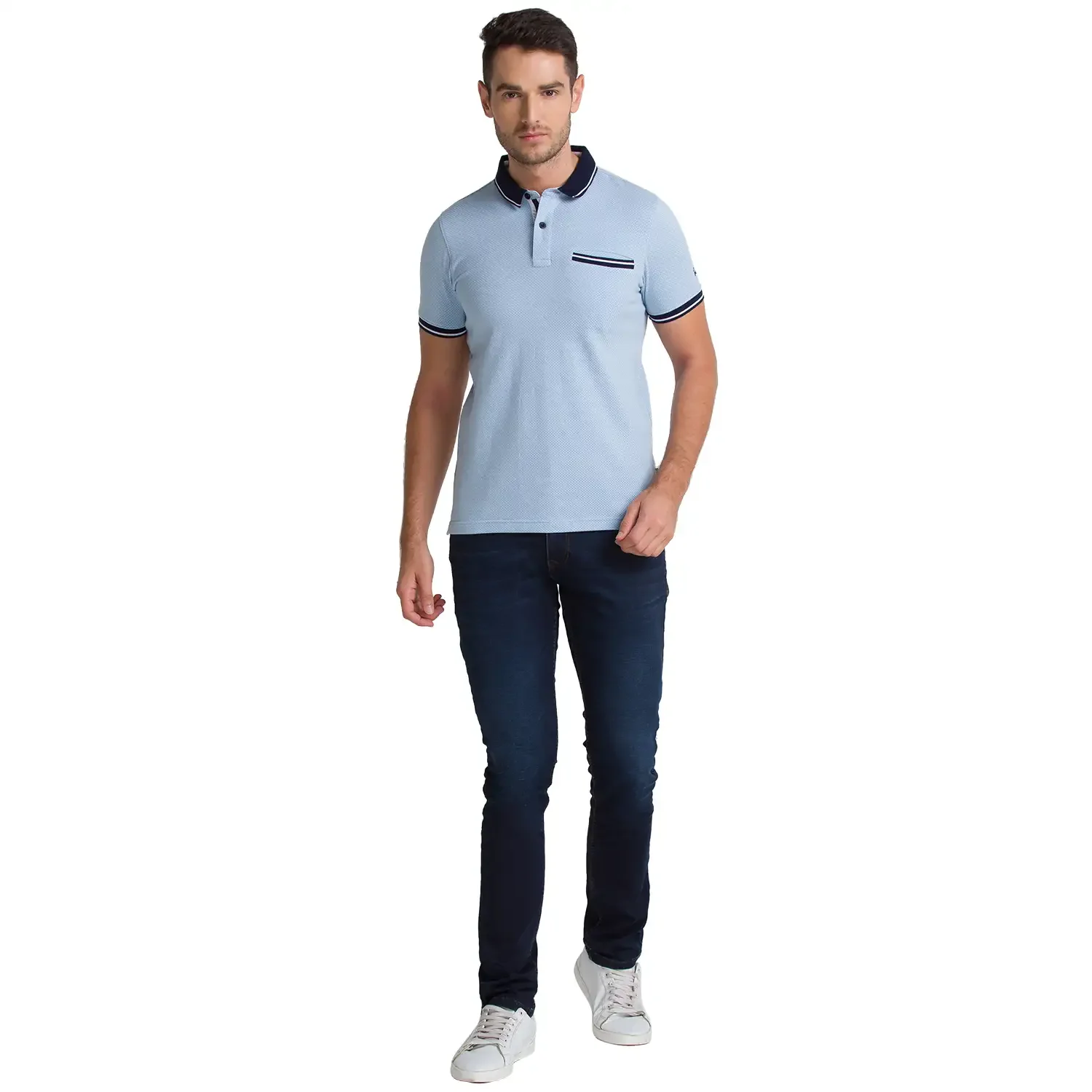 Men Blue Regular Fit Structure Cotton Blend Round Neck Collar Polo T-Shirt - Image 5