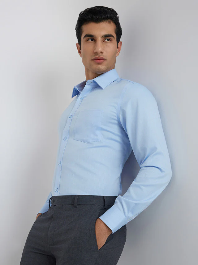Men Blue Regular Fit Structure Cotton Full Sleeve Shirts - Image 3