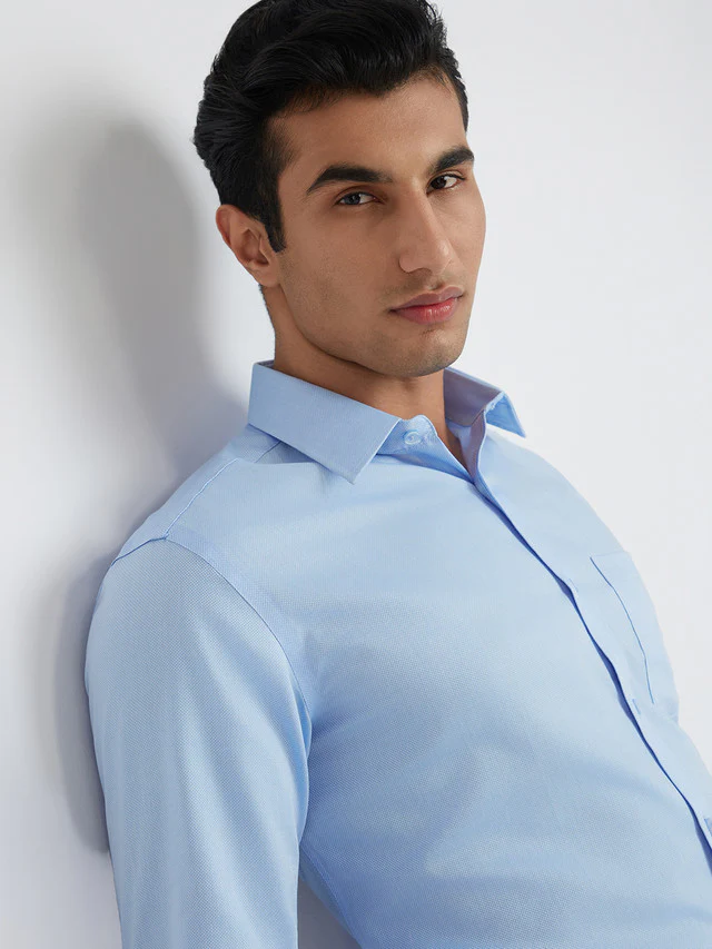 Men Blue Regular Fit Structure Cotton Full Sleeve Shirts - Image 6