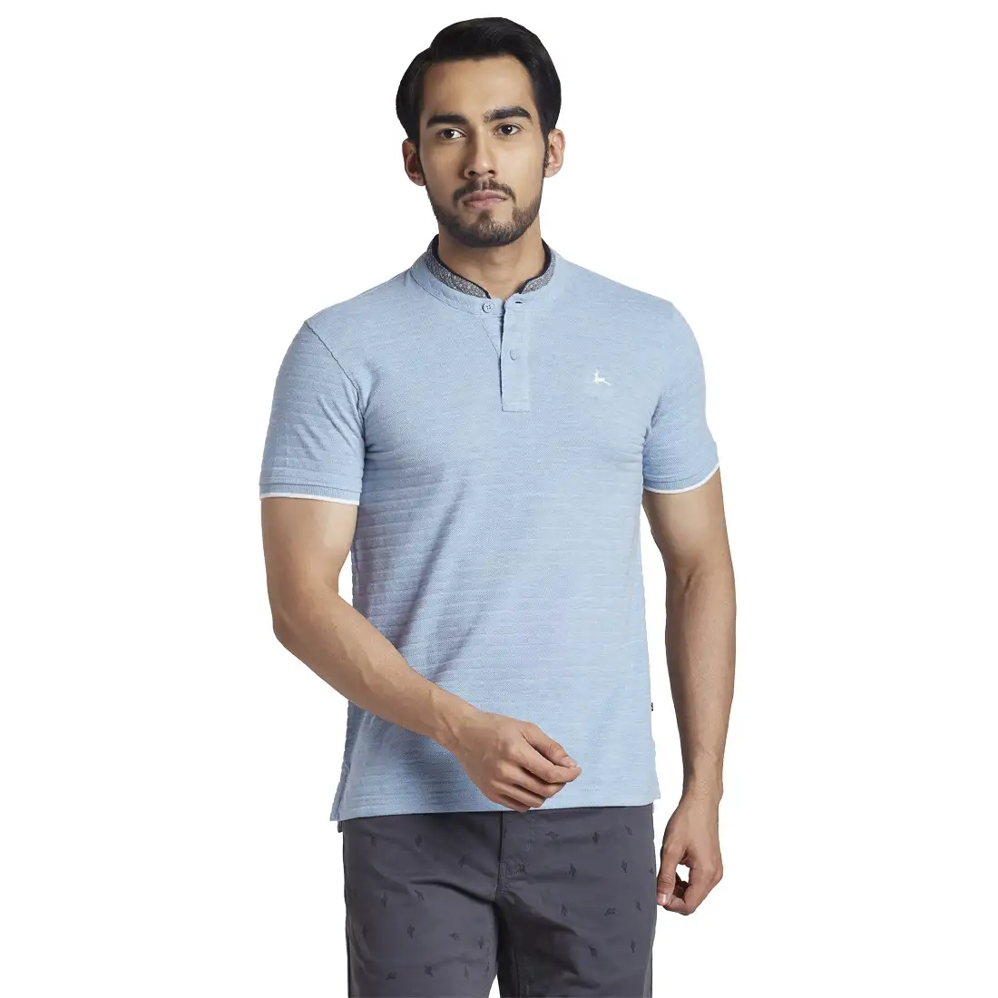 Men Blue Regular Fit Structure Cotton Henley Collar T-Shirt