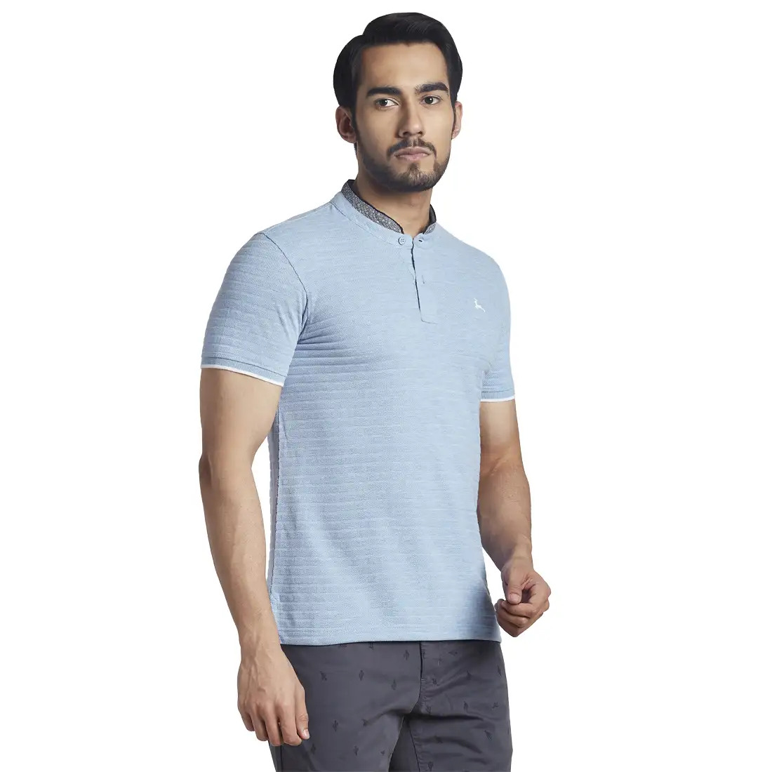 Men Blue Regular Fit Structure Cotton Henley Collar T-Shirt - Image 2