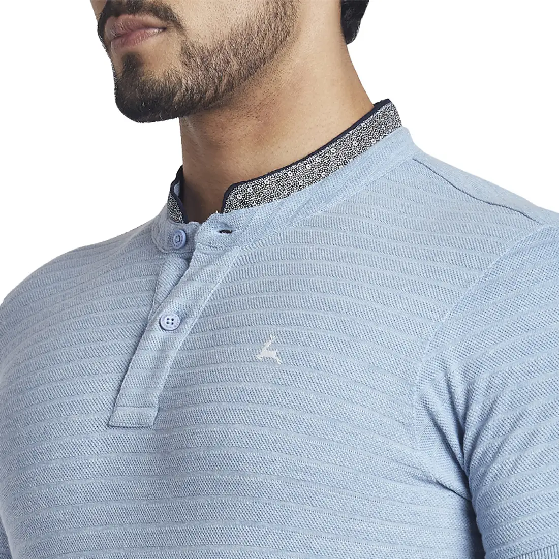 Men Blue Regular Fit Structure Cotton Henley Collar T-Shirt - Image 6