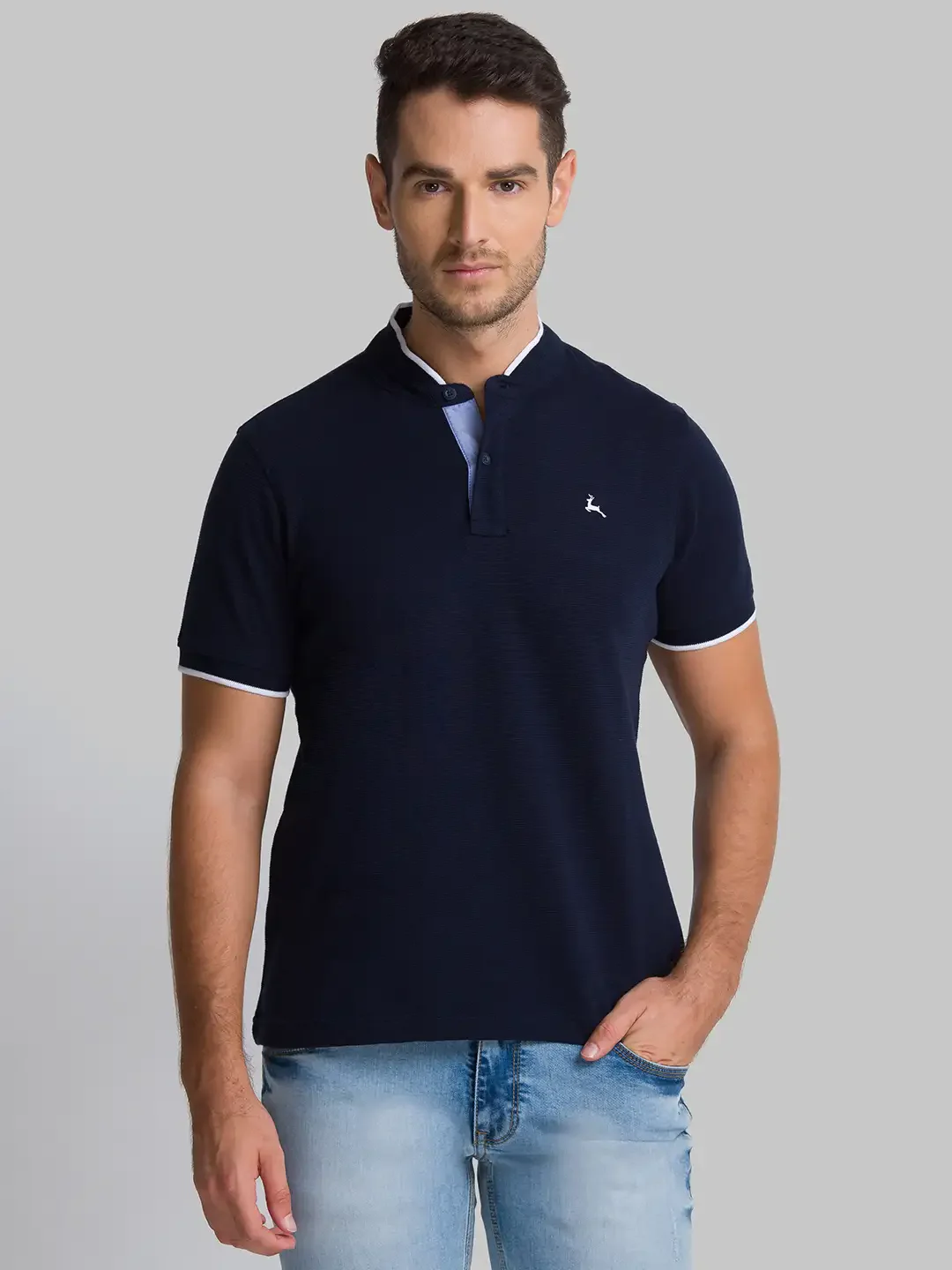 Men Blue Regular Fit Structure Cotton Henley Collar T-Shirt