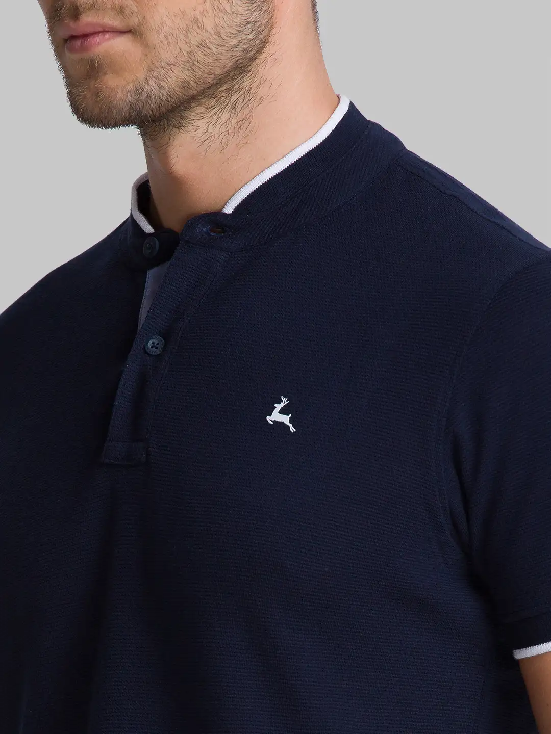 Men Blue Regular Fit Structure Cotton Henley Collar T-Shirt - Image 6
