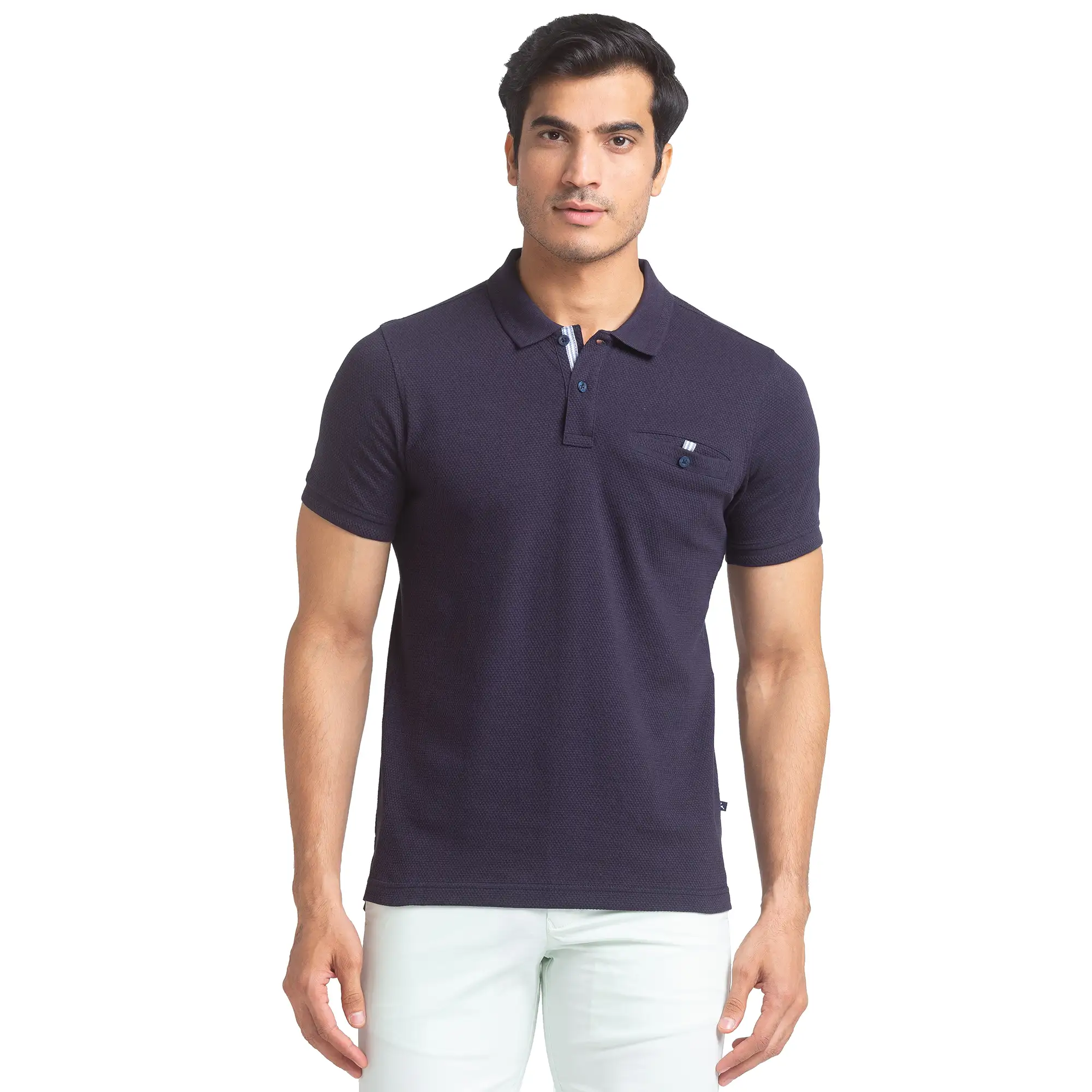 Men Blue Regular Fit Structure Cotton Round Neck Collar Polo T-Shirt