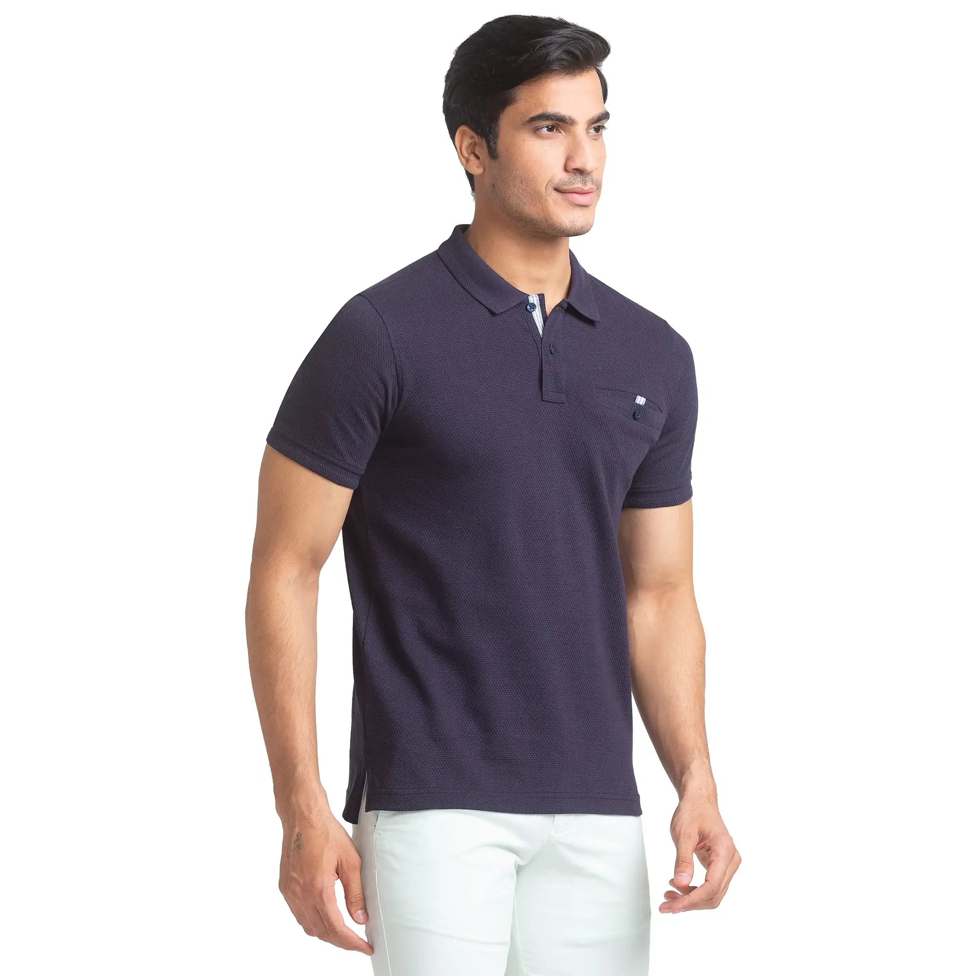 Men Blue Regular Fit Structure Cotton Round Neck Collar Polo T-Shirt - Image 2