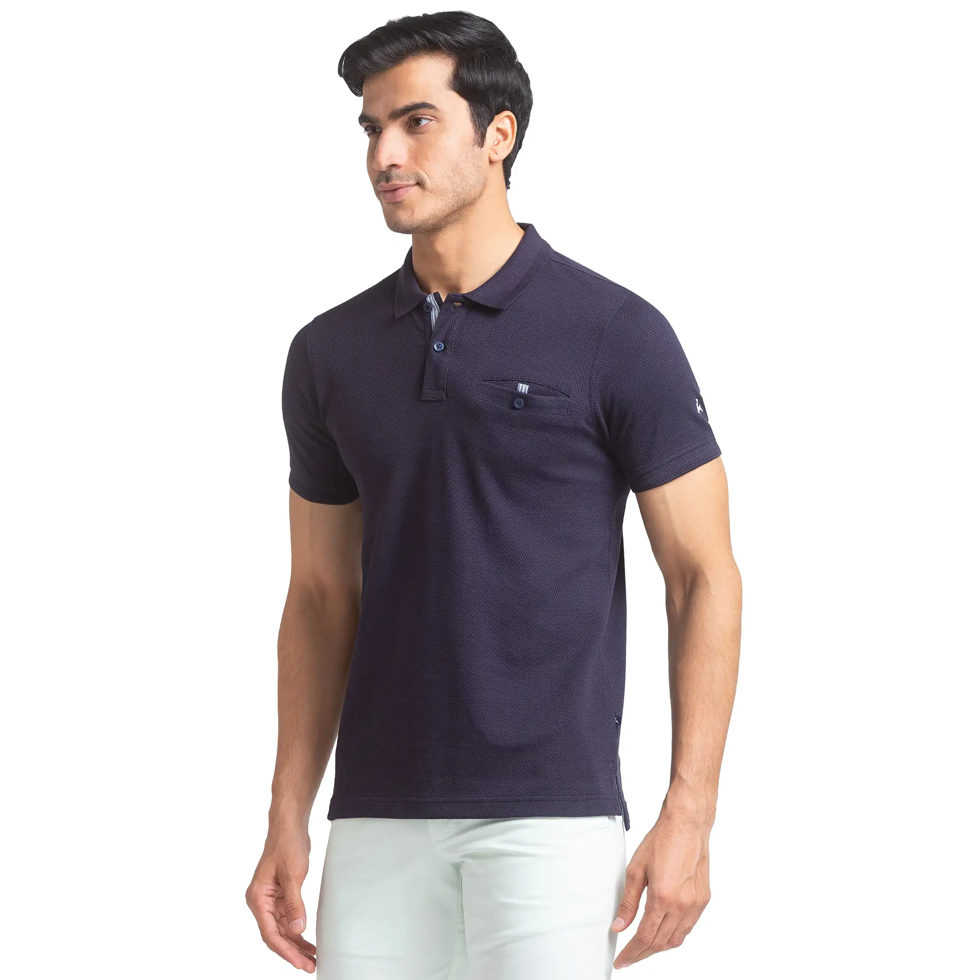Men Blue Regular Fit Structure Cotton Round Neck Collar Polo T-Shirt - Image 3