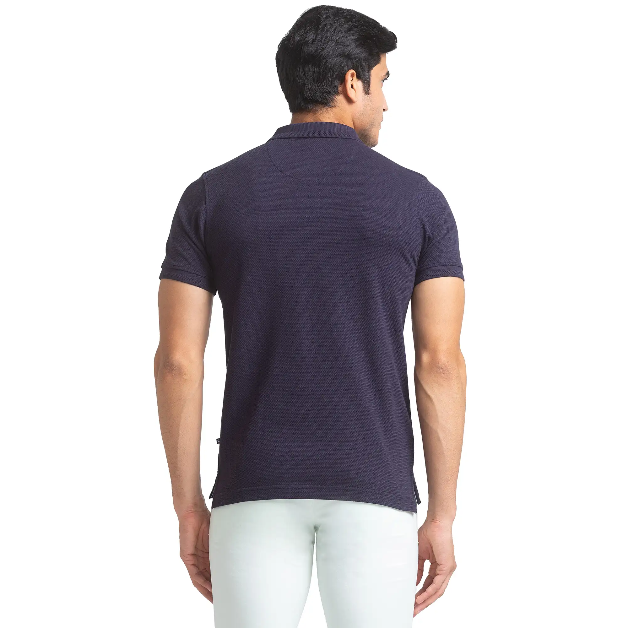 Men Blue Regular Fit Structure Cotton Round Neck Collar Polo T-Shirt - Image 4