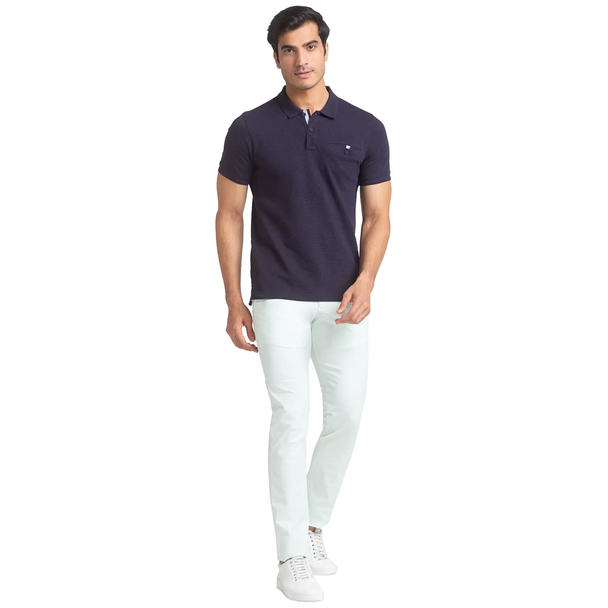 Men Blue Regular Fit Structure Cotton Round Neck Collar Polo T-Shirt - Image 5