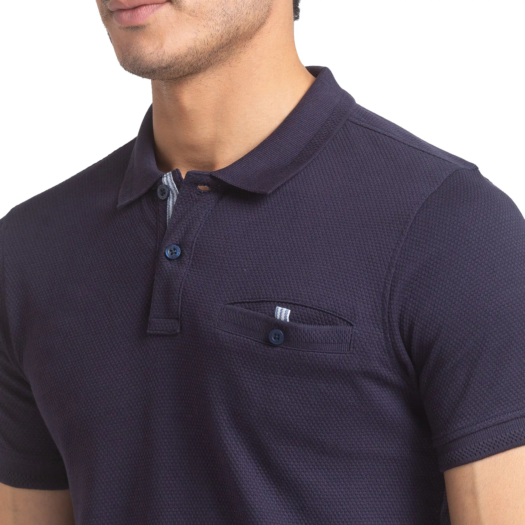 Men Blue Regular Fit Structure Cotton Round Neck Collar Polo T-Shirt - Image 6