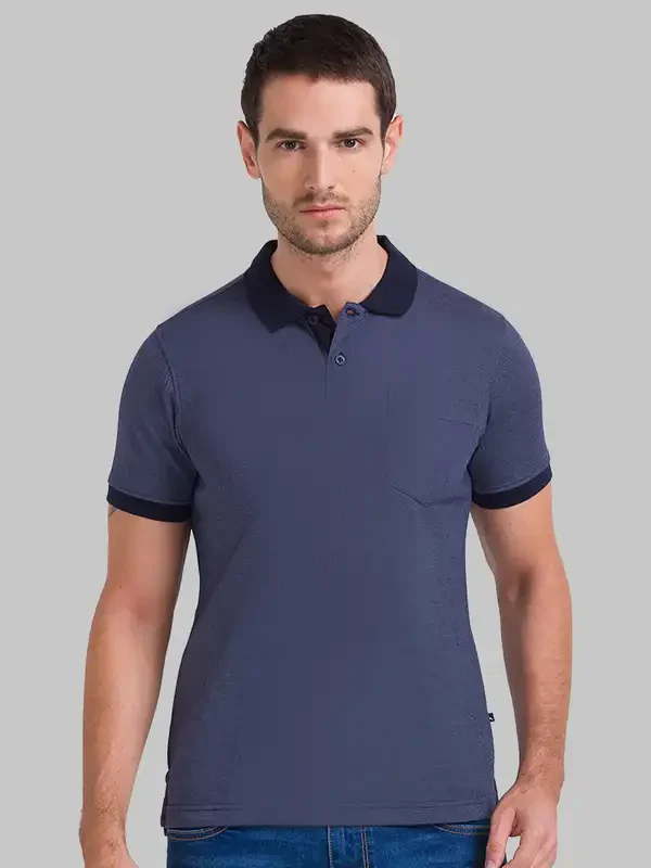 Men Blue Regular Fit Structure Cotton Round Neck Collar Polo T-Shirt
