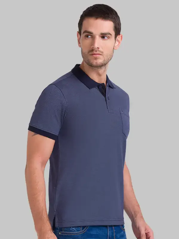 Men Blue Regular Fit Structure Cotton Round Neck Collar Polo T-Shirt - Image 3