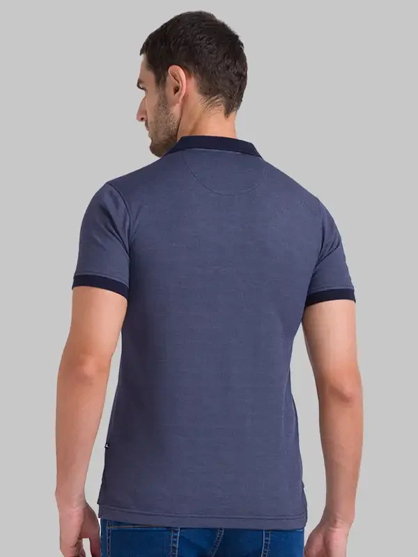 Men Blue Regular Fit Structure Cotton Round Neck Collar Polo T-Shirt - Image 5