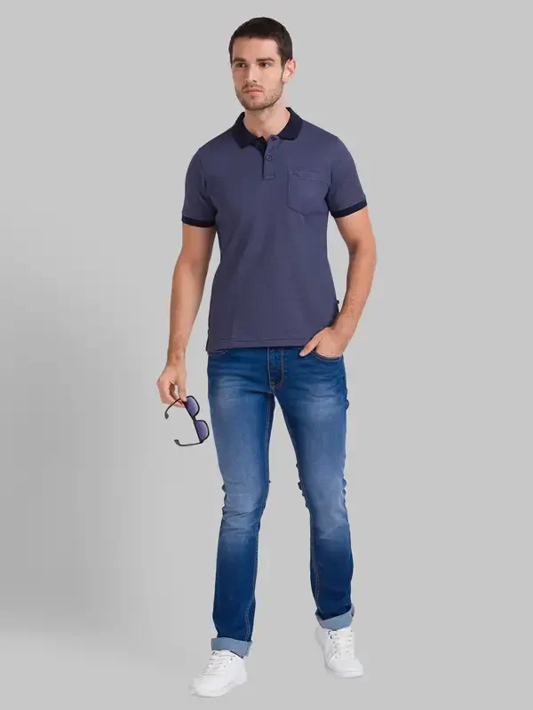 Men Blue Regular Fit Structure Cotton Round Neck Collar Polo T-Shirt - Image 6