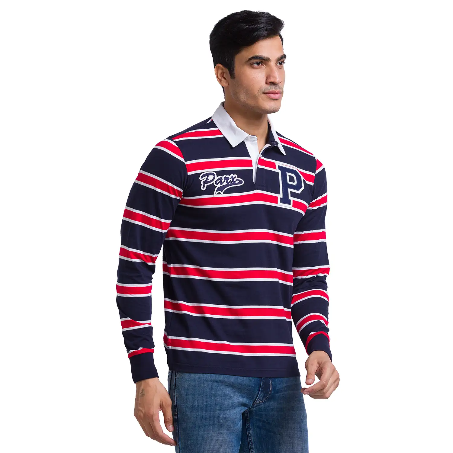 Men Blue Regular Fit Yarn Dyed Cotton Full Sleeve Round Neck Collar Polo T-Shirt - Image 2