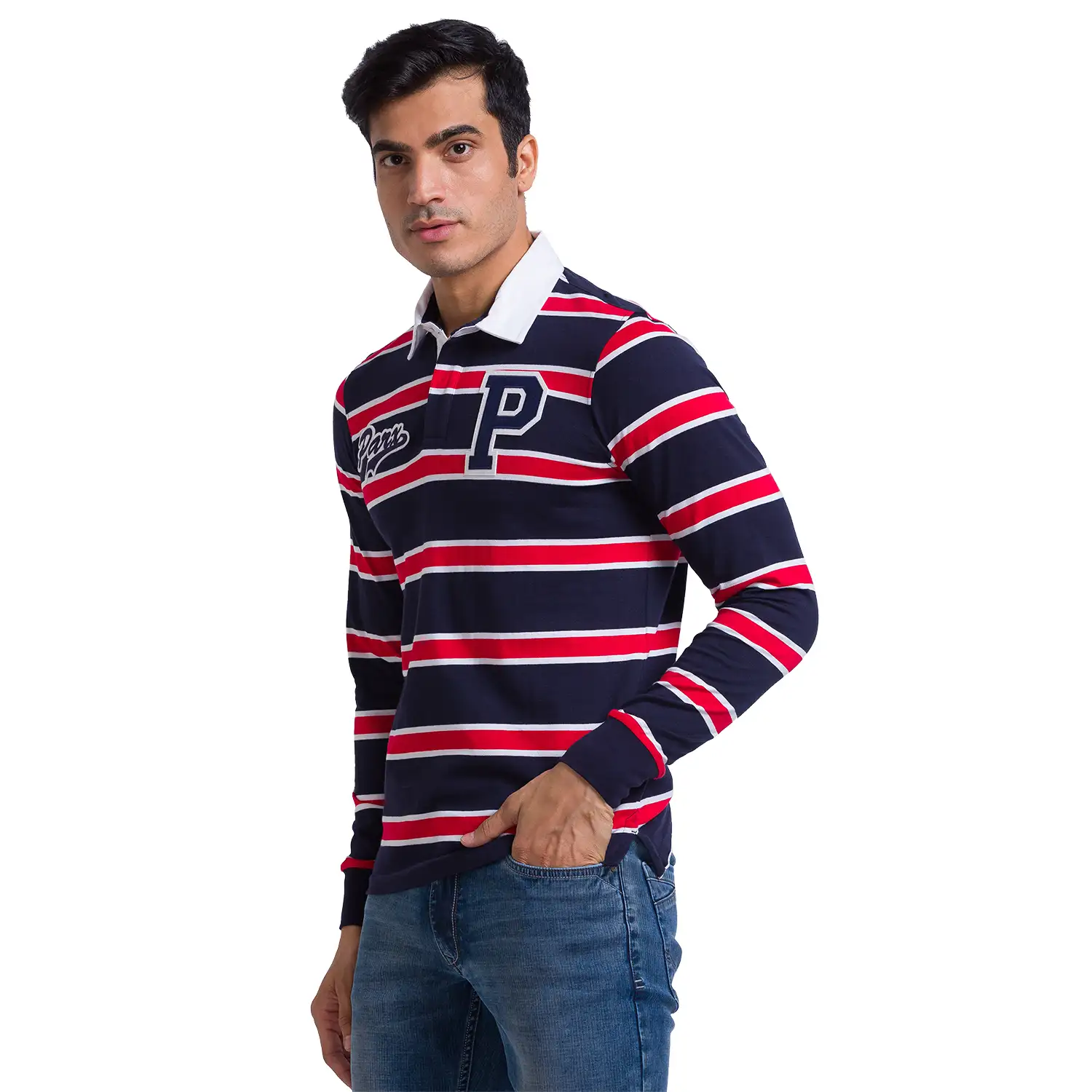 Men Blue Regular Fit Yarn Dyed Cotton Full Sleeve Round Neck Collar Polo T-Shirt - Image 3