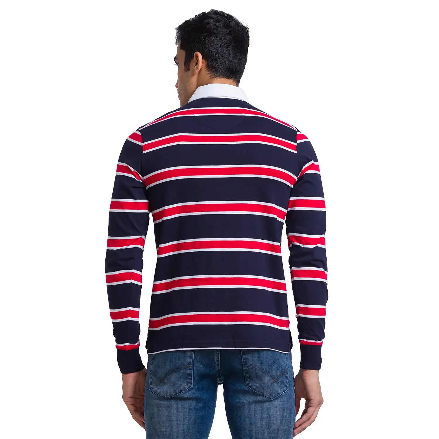 Men Blue Regular Fit Yarn Dyed Cotton Full Sleeve Round Neck Collar Polo T-Shirt - Image 4