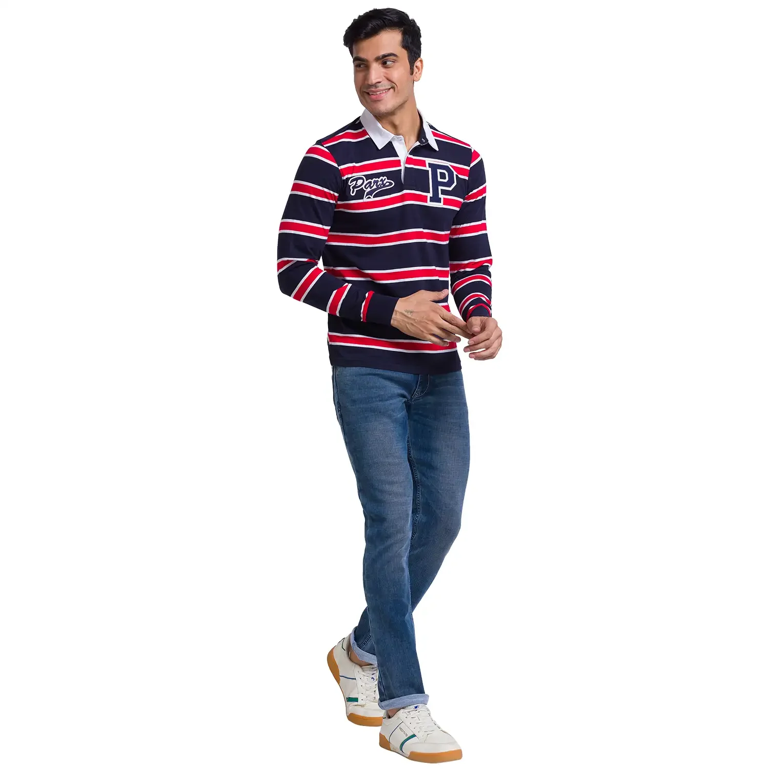 Men Blue Regular Fit Yarn Dyed Cotton Full Sleeve Round Neck Collar Polo T-Shirt - Image 5